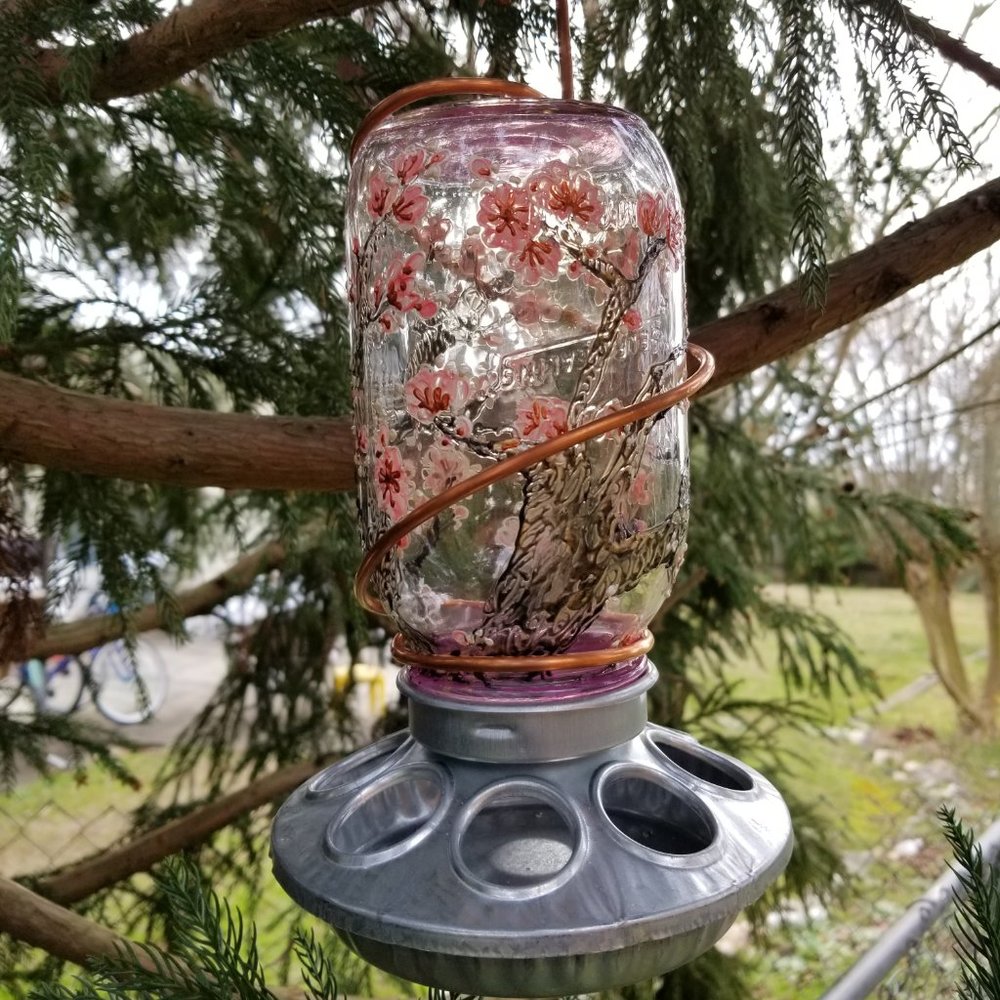 Handmade bird feeder. Handpainted. Cherry Blossom - Picture 3 of 5